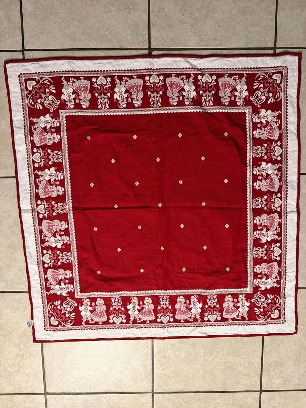 Austrian Folk Art Woven Table Topper Tapestry Dutch Couple Red White Square